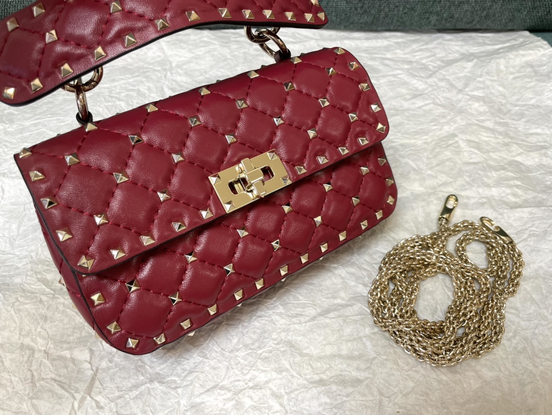 Valentino Garavani Rockstud Spike Small Chain Bag in Burgundy Supple Lambskin Nappa